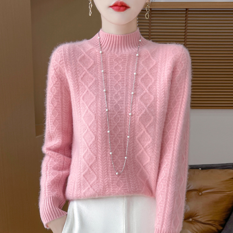 Autumn and Winter Wool Sweater Women's Half-high Collar Diamond Thickened Sweater Aramflower Loose Wool Sweater Knitted Base Shirt