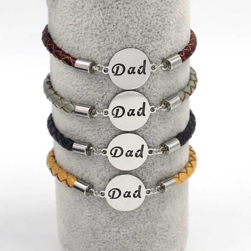 European and American Cross-border Source Father's Day Jewelry 4MM Woven Leather Rope Hollow Letter MomDad Stainless Steel Bracelet