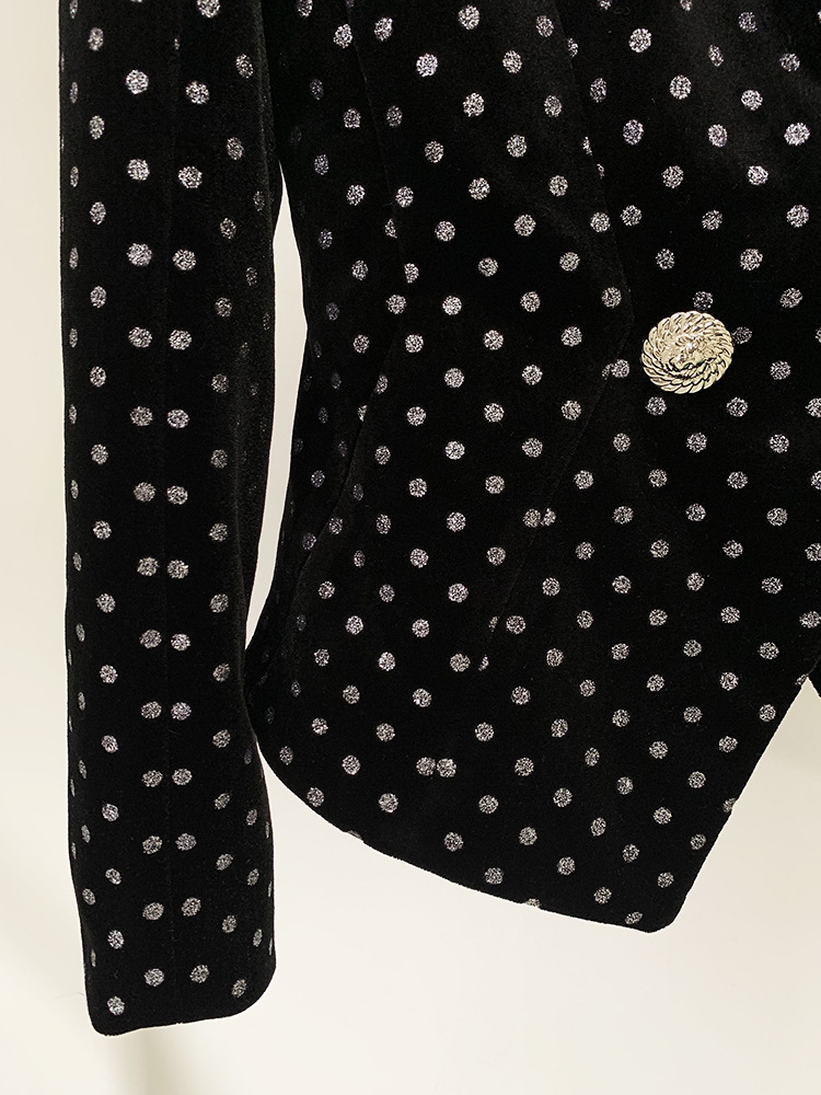 Veste de costume en velours à pois coupe slim à boutons de lion pour femme_voghion.com