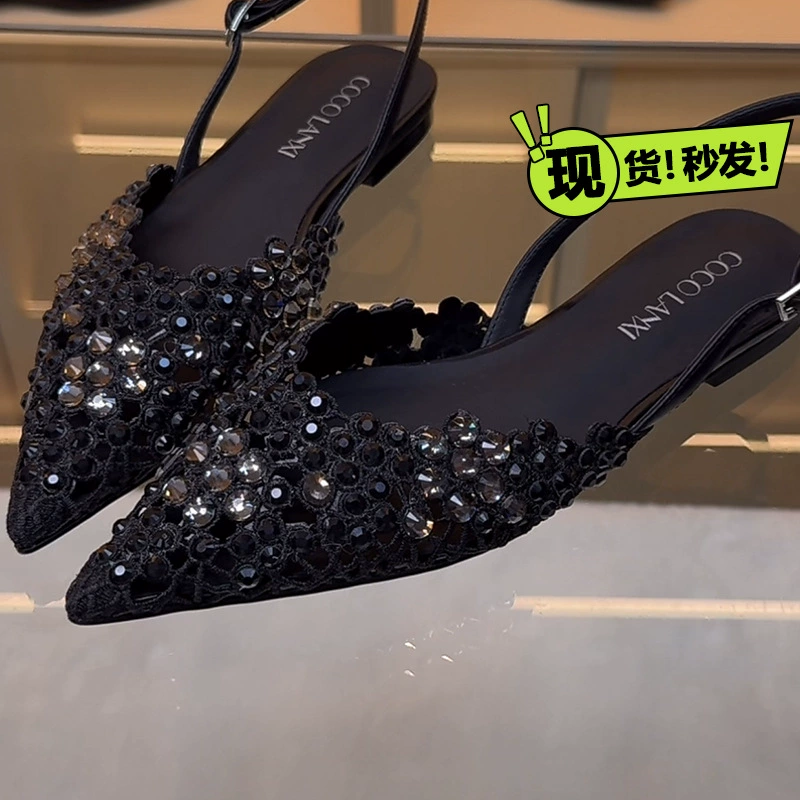 2025 новый летний стиль интернет-знаменитостей: сексуальные босоножки на шпильке с острым носком, сетчатые, с кристаллами, женские стилетто