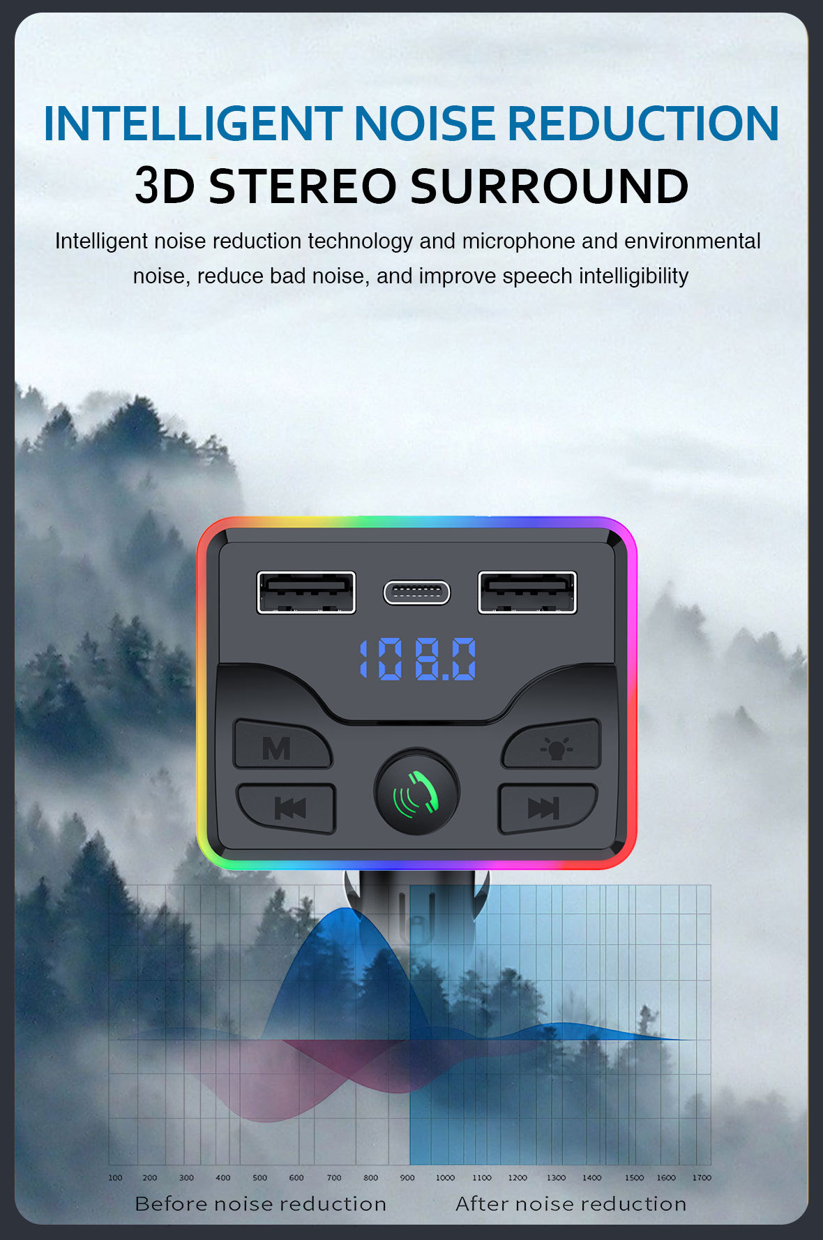 M51 car mp3 bluetooth player U disk music PD charger fast charge hands-free call receiver FM transmitter
