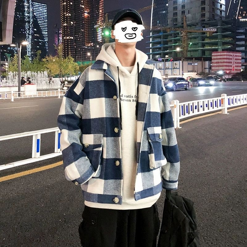 潮牌格子毛呢夹克男秋冬季新款大衣宽松潮流百搭休闲短款呢子外套