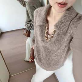 首发仿牛绒欧货复古时尚气质翻领高级感针织衫女秋季新款毛衣女
