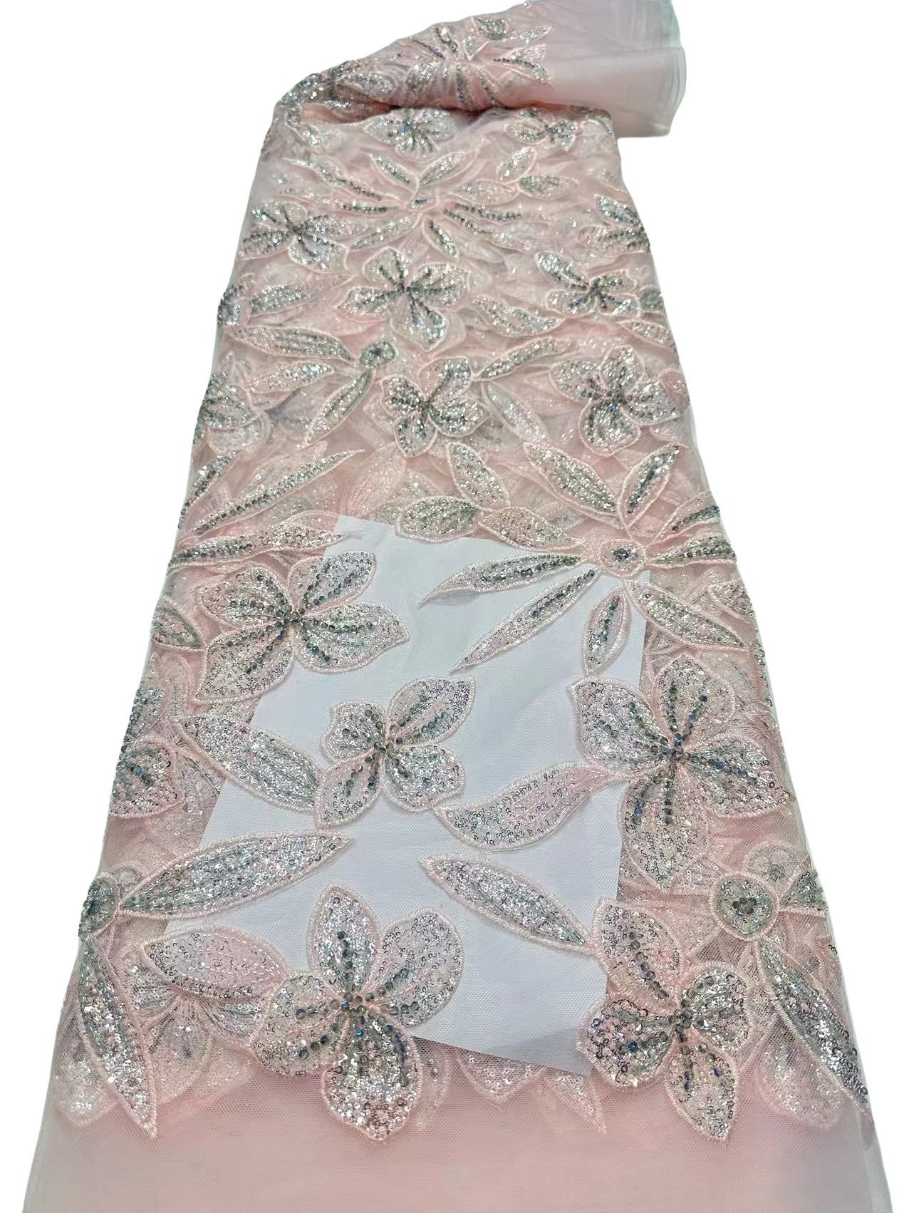 Flores de hojas bordadas de encaje bordado tela de alto lujo vestido de boda vestido de tela en stock