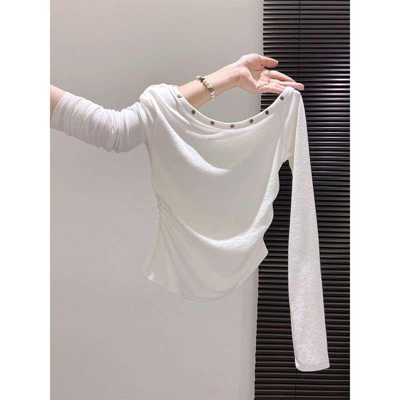 Designed Slanted Shoulder Pleated Long-Sleeved T-Shirt for Women in Autum New Fashion Simple Elegant Super Nice Unique Top Ins