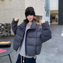 深蓝色格子立领羽绒服女小个子2025冬新款韩版学院风90白鸭绒外套