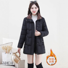 时尚加厚保暖棉衣女士冬季新款小个子外贸外套拼接格子中长款棉服