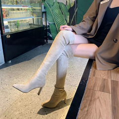 Women's Pointed High Heel Ankle Boots 2023 Autumn/Winter New Style Apricot Fur-Like Elastic Slim Boots Knee-High Thick Heel Tall Boots