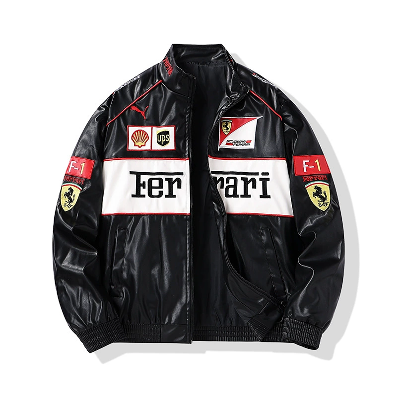 Куртка (Ferrari) из полиуретана, весенняя, с вышивкой, утолщённая подкладка
