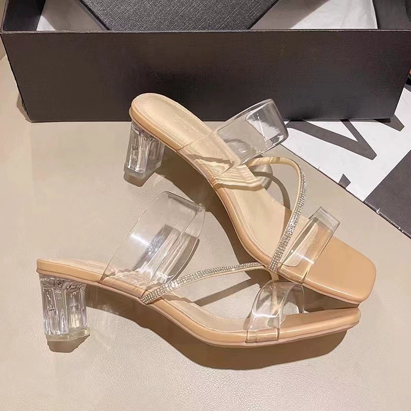 Новые универсальные прозрачные босоножки со стразами для женщин, летние элегантные босоножки на массивном каблуке в стиле феи, модные, 2025 год
