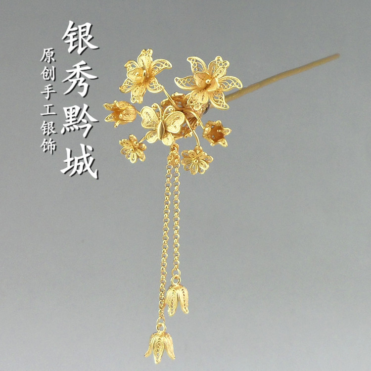 City of Guizhou Original manual Silver ornament wholesale 999 Sterling Silver Gold-plated Hairpin Hanfu cheongsam Wedding celebration Step shake Hairpin