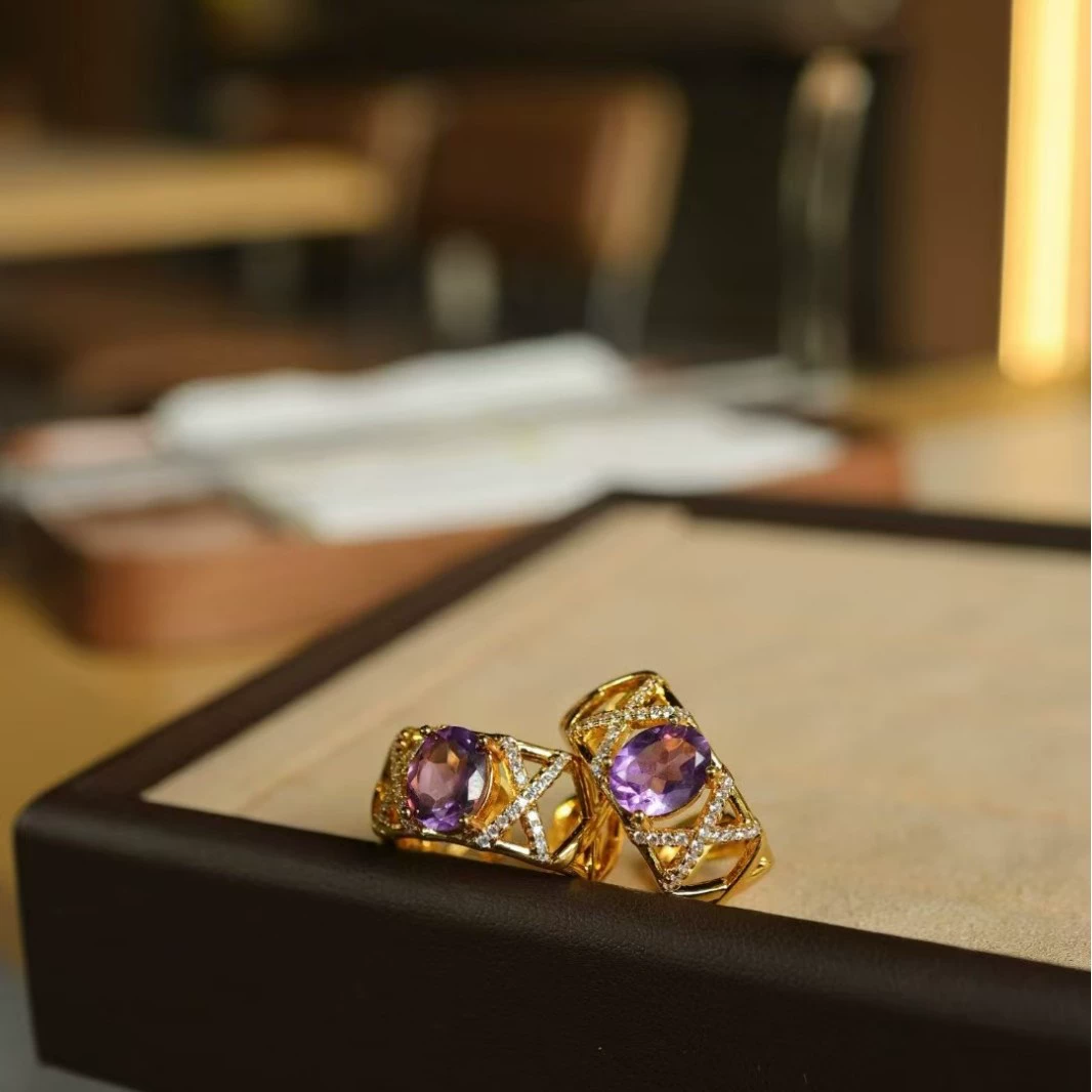 Новое высококачественное открытое кольцо с натуральным аметистом для женщин, изысканное и модное живое кольцо с медной инкрустацией, ювелирные изделия