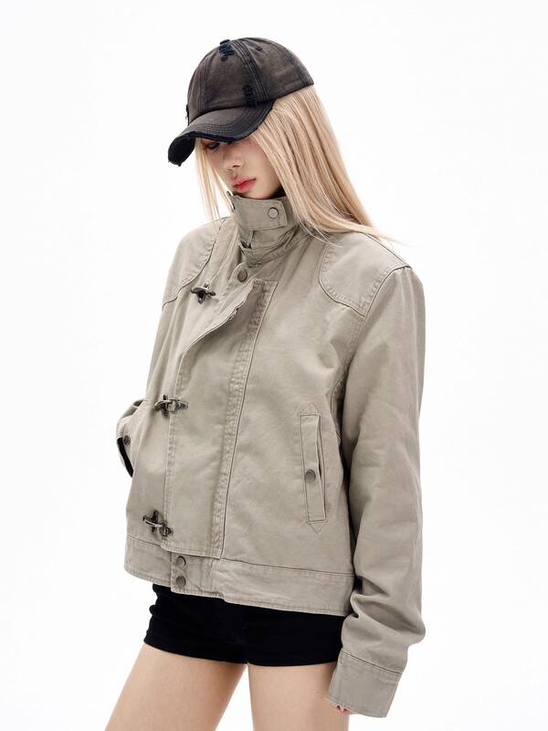 American Retro Cleanfit Distressed Metal Lobster Clasp Stand Collar Jacket for Women Early Autumn Coat American Retro Cleanfit Distressed Metal Lobster Clasp Stand Collar Jacket for Women Early Autumn Coat