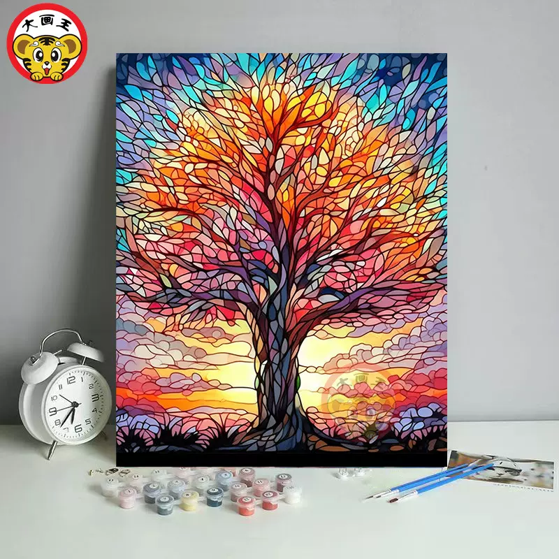 大画王原创图案彩色玻璃树风景diy数字油画手绘手工填色房间装饰