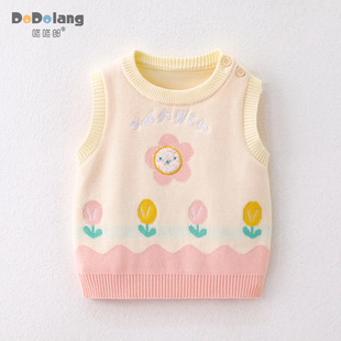 Spring and Autumn New Style Embroidered Flower Pullover Infant Knitted Vest Wholesale Cotton Sweater Children's Vest Waistcoat Trendy