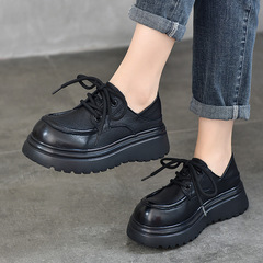 防水台松糕鞋頭層牛皮復古文藝風厚底單鞋2024春款軟皮系帶女鞋