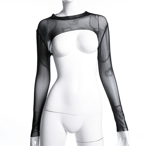 Black mesh ultra-short chest-exposing long-sleeved T-shirt, outerwear slim-fit sexy slimming dance clubbing top trendy 9003