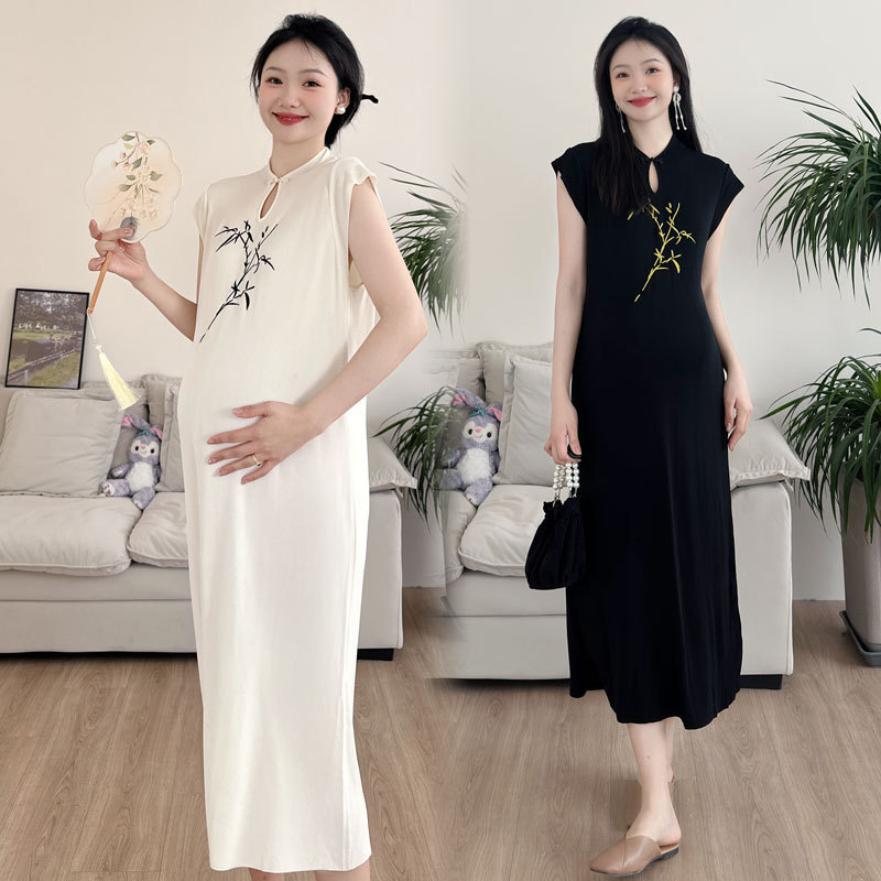 In Stock 2026 New Chinese-Style Button Embroidery Improved Cheongsam Elegant Curved Bead Ice Silk Cool Maternity Dress