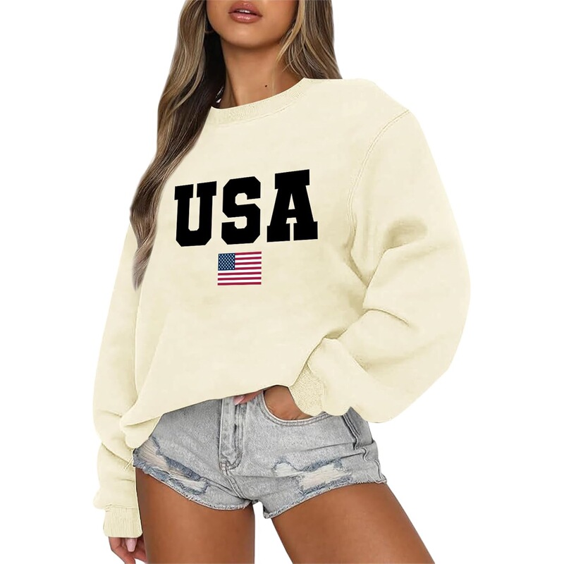 [for Foreign Trade] 2026 American Sweatshirt Women's American Crewneck Sweatshirt with Usa Pattern Print
