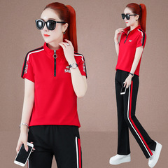 短袖長褲運動服套裝女夏立領衛衣半拉鏈闊腿褲拉條大碼休閒兩件套