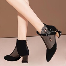 B 28043 Mesh Rhinestone Mid Heel Boots ˮ荾W����ѥ �羳