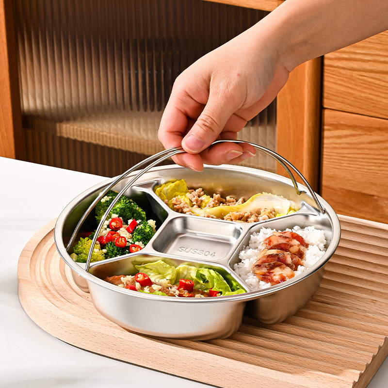 Hongjun Da 304 Stainless Steel Steaming Tray for Home Use, Round Dish for Side Dishes, 316L Five-Compartment Dish for Cold Dishes and Food Preparation