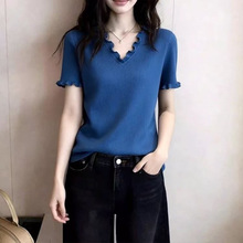 极简风蓝色V领花边针织衫女2026夏季新款短袖宽松百搭上衣