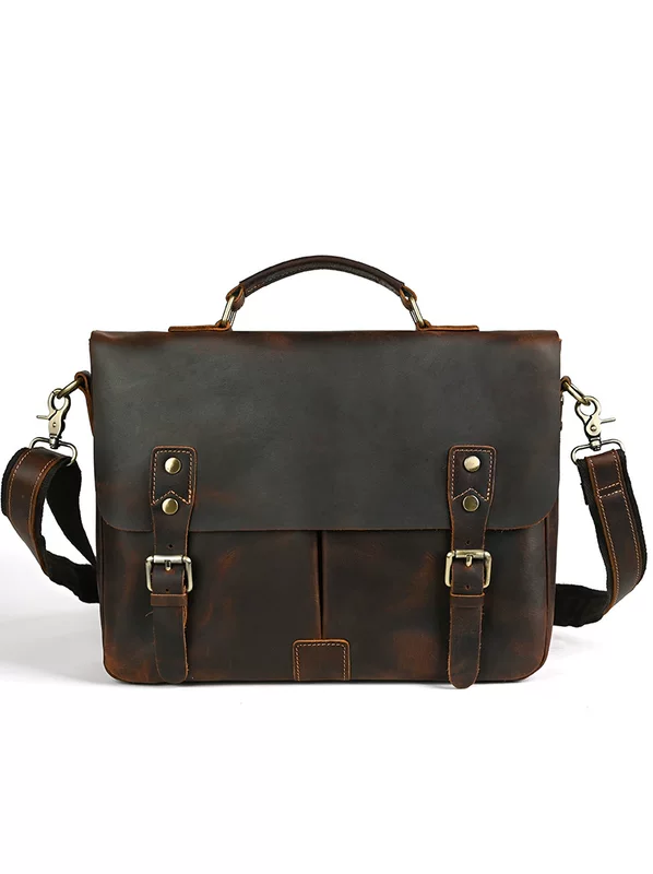 Leather retro handheld purse, one-shoulder bag, laptop, cowhide, genuine leather, business version