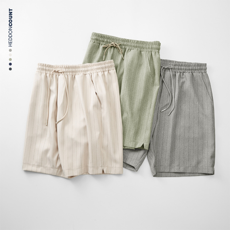 Men's Japanese-Style Color-Block Striped Shorts Loose Retro Knee-Length Shorts Summer Thin Breathable Casual Shorts