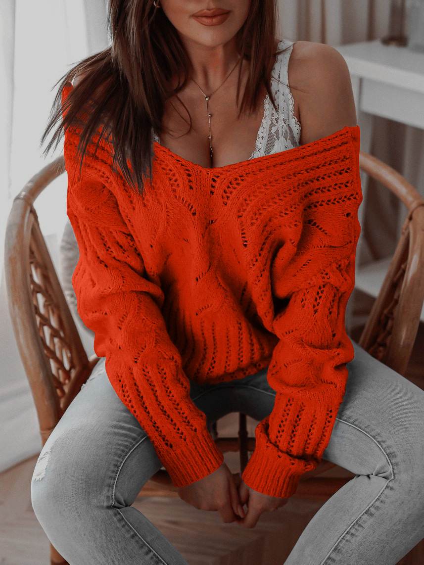 2024 Autumn/Winter Women's New Style Front and Rear Double V-neck Two sided Off Shoulder Casual Coat Knitted Sweater_voghion.com