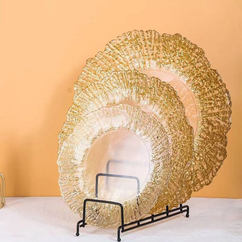 European Style Sunflower Glass Western Food Plate Simple Phnom Penh Coral Pattern Fruit Plate Hotel Creative Set Tree Pattern Flat Plate