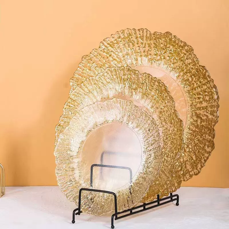 欧式太阳花玻璃西餐盘简约金边珊瑚纹水果盘酒店创意套装树纹平盘