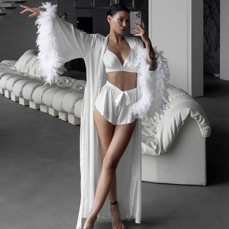 2026 European and American Autumn and Winter New Style Camisole Underwear Shorts Long Feather Robe Pajamas Three-Piece Set Women's Loungewear