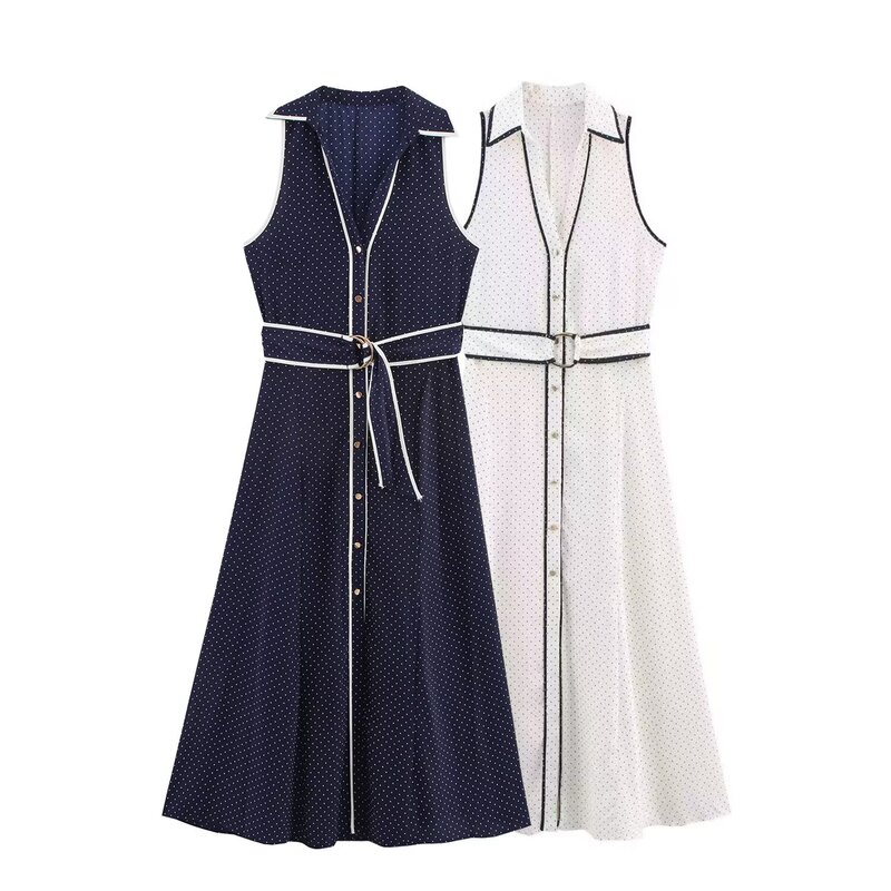 Pb&Za Women's 2025 Summer New Elegant Age-Reducing Polka Dot Shirt Style Midi Dress 3689750