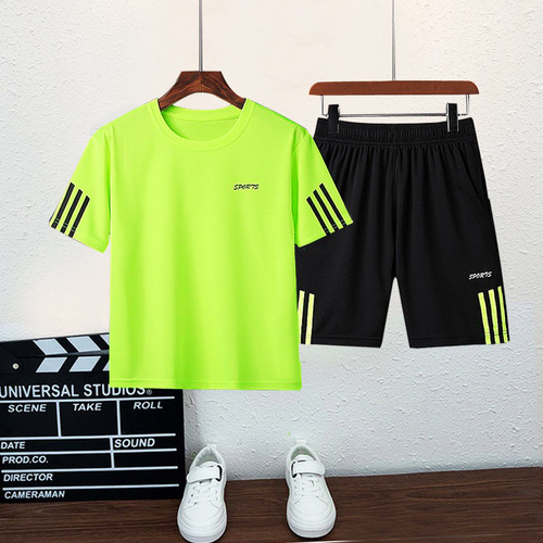 Summer  Boys' and Girls' Sports Short Sleeve Set with Big Kids Quick Dry Clothing for Children - Boys' Football and Basketball Outfits