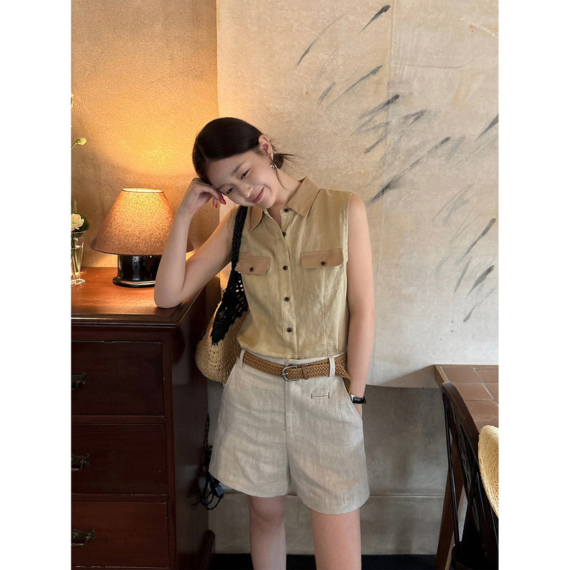Han Xun Soft and Balanced French Retro Double Pocket Sleek Linen Sleeveless Shirt for Women 2026 Summer Model 26889