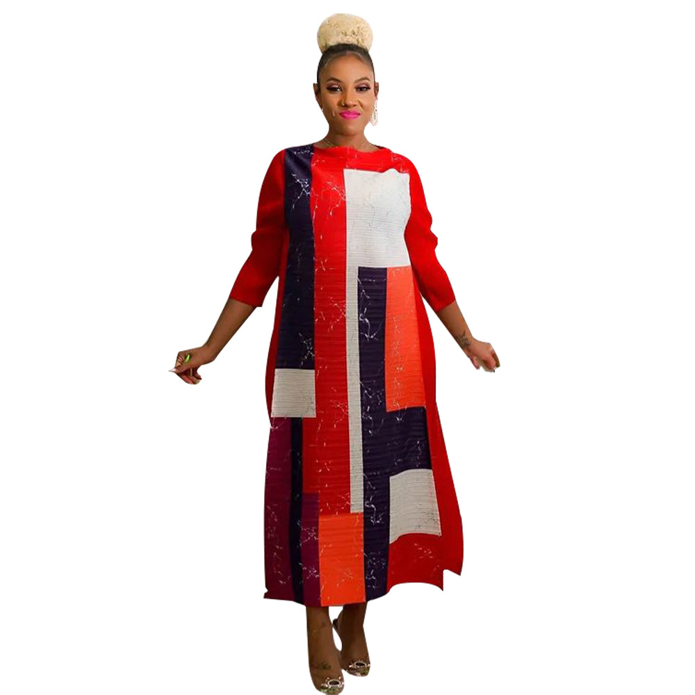 K10500 ropa de mujer de moda transfronteriza europea y americana miyake popular cuello redondo impreso vestido plisado nuevo image 8