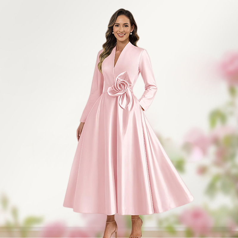 Amazon's Best-Selling Autumn and Winter Satin Dress with Open Pockets, Long-Sleeve Evening Gown, Wedding Mother-Of-The-Bride Dress, Thick Church Party Dress for Plus-Size Women