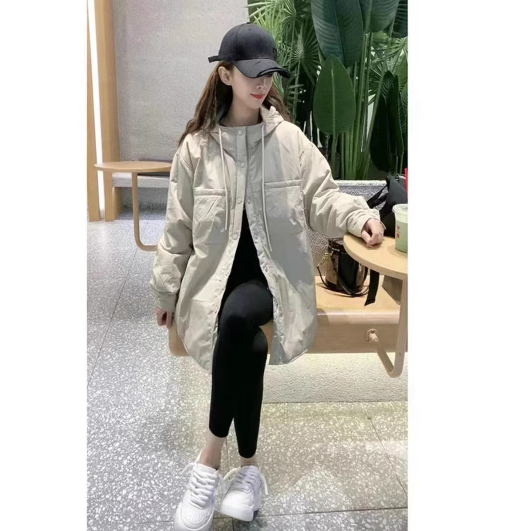 (2개) 가벼운면 패딩 재킷 여성의 가을과 겨울 2024 새로운 유럽 및 한국 상품 와이드 버전 셔츠면 패딩 코트 긴면 후드 코트