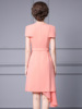 Zhili High end Pink Dress 2024 New Belt Waist Panel Short Sleeve Irregular Mid length Dress Summer Style