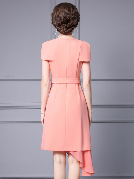 Zhili High end Pink Dress 2024 New Belt Waist Panel Short Sleeve Irregular Mid length Dress Summer Style