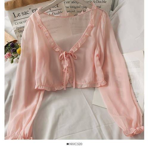 Cleverly Designed Short Bow-Knot Lace-Up Ruffled Trim Shawl for Women, 2025 Summer Collection – Loose-Fit, Long-Sleeve, Versatile Sun Protection Top