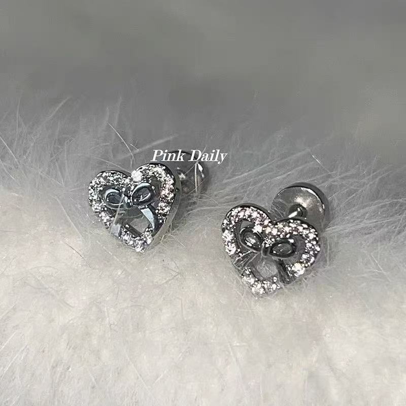 满钻爱心蝴蝶结耳骨钉平底螺丝耳蜗钉日韩简约免摘耳环超闪