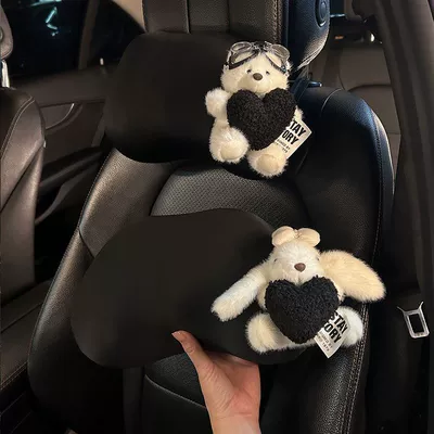 car cushion for girls, Headrest - car-accessories-a-pair-of-black-comfortable-neck-supporting-bear-and-rabbit-headrests