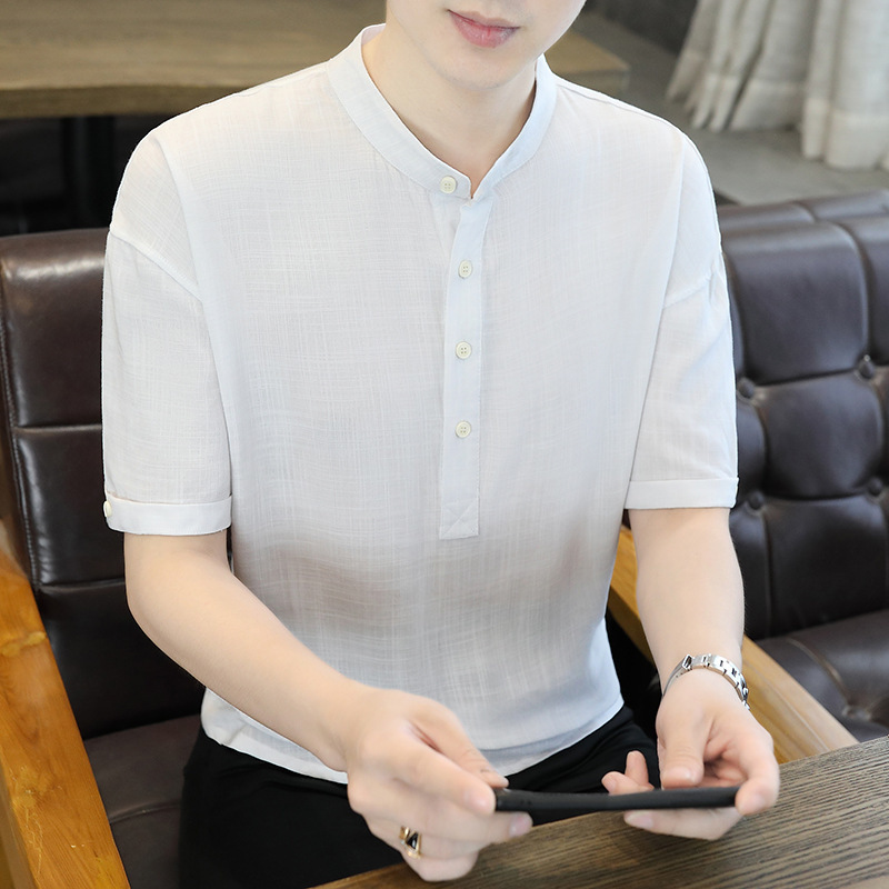 New cotton and linen 7-quarter sleeve shirt men's 22 summer wide ice linen solid color shirt versatile thin half sleeve coat