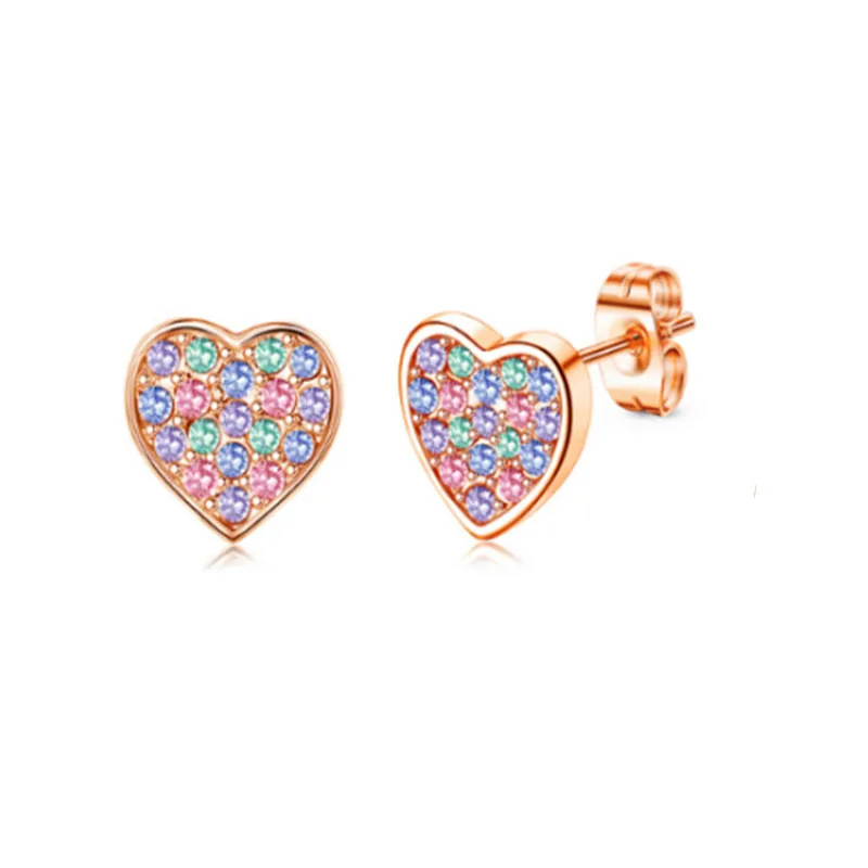 Rose Gold Diamond Heart Butterfly Cat Stud Earrings Set_voghion.com
