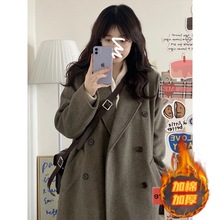 黑色毛呢外套女中长款2024冬季新款韩版宽松显瘦加厚加棉呢子大衣