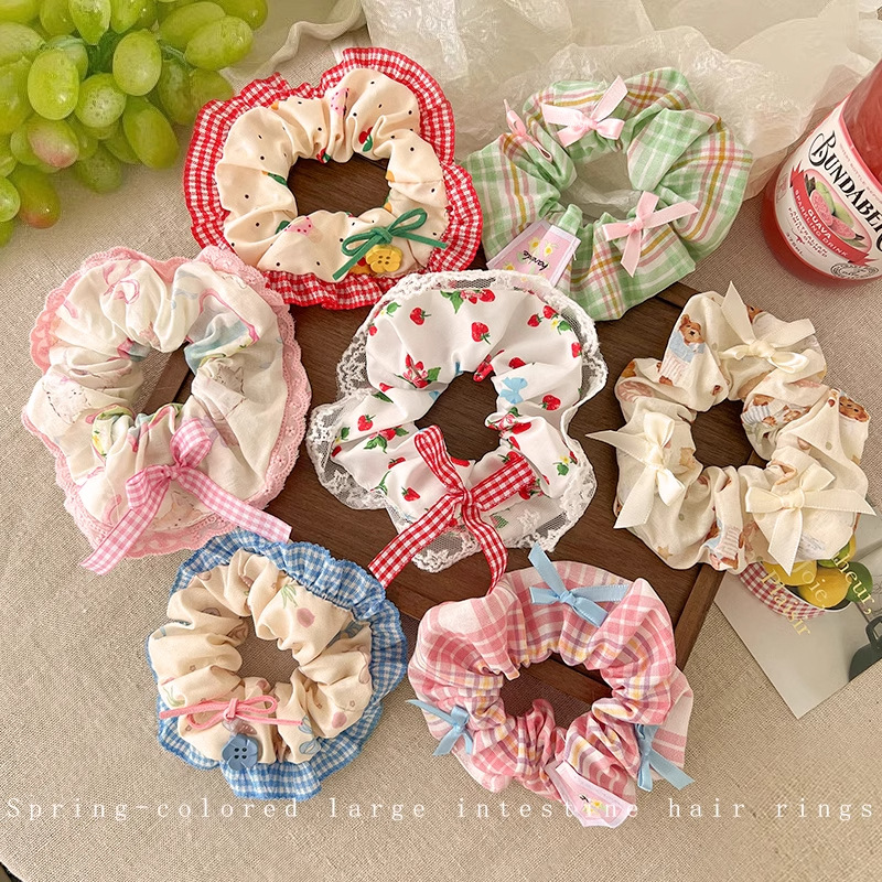 Primavera nueva corbata de pelo de intestino grueso para niños accesorios para el cabello de encaje dulce niña cabeza de bebé flor cuerda para la cabeza tocado de cuerda para el cabello japonés