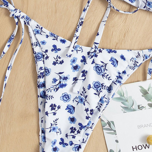 Women's Sexy Print Strapless Split Bikini Swimwear, European and American Braided Three-Point Bikini