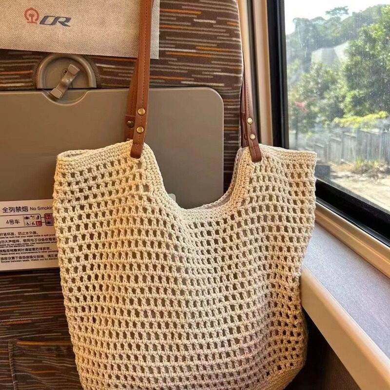 Casual Large-capacity One-shoulder Cotton Woven Bag New Cut Out Mesh Tote Bag Seaside Vacation Beach Bag Women's Bag